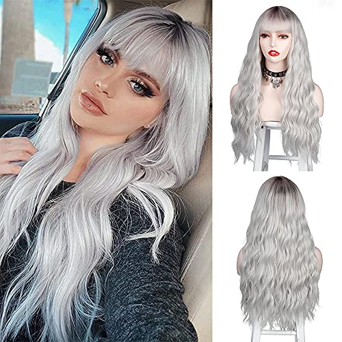 Vigorous Ombre Silver Wigs with Bangs Synthetic Wavy Wigs for Women Dark Roots Gray Medium Length Wig natural looking wigs for Party Cosplay Daily Use