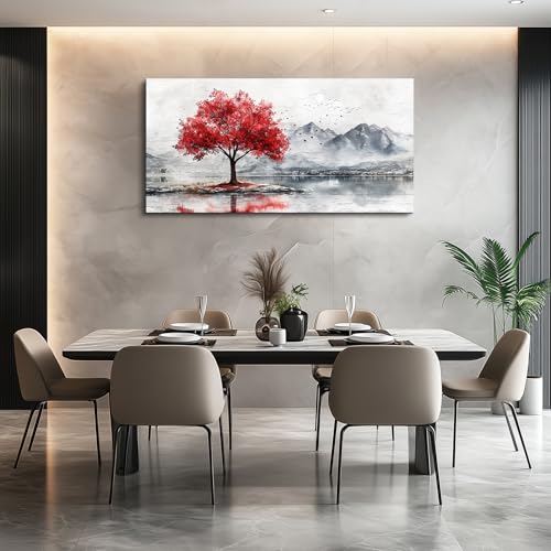 QIYILEXWART Canvas Wall Art For Living Room Wall Decor For Bedroom Office Wall Decoration Red Tree Landscape Painting Farmhouse Pictures Artwork Room Aesthetic Home Decor 20x40 In