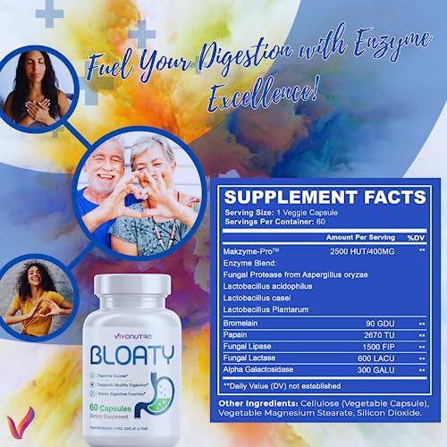 Vivanutra Anti Bloating Digestive Enzymes - Debloat Capsules For Abdominal Bloating, Gas Relief, Digestion & Gut Immune Function - Safely Digest Foods, And Reduce Fat Absorption - 60Ct #TOP6