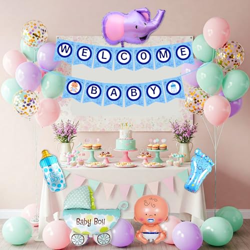 Image of 57 Pcs Welcome Baby Boy Decoration Kit | Balloons, Banner, Curtains, Foils, Stars, Hearts, Ribbon & Confetti for Baby Shower & Newborn Celebration Set 20