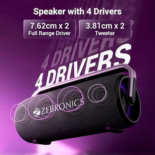 Image of ZEBRONICS AXON 100 Portable Party Bluetooth Speaker, 90W RMS, Quad Drivers + Dual Passive Radiators, IPX5, Upto 6 Hours Playback, Rapid Charging, BT | USB | AUX | TWS, Fabric Finish, RGB, Deep Bass