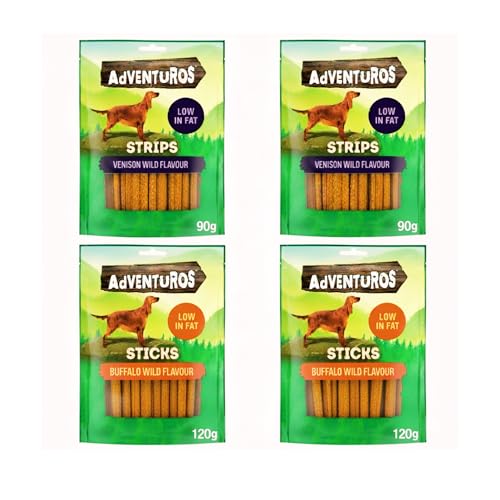 AdVENTUROS LOW FAT Dog Treats Bundle - 2x VENISON Wild Strips 90g and 2x BUFFALO Wild Sticks 120g Natural Flavoured Dog Chews