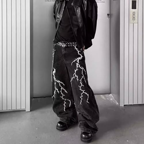 Baggy Jeans Men Graphic Lightning Bolt Y2k Denim Pants Emo Wide Leg Streetwear for Skater Jeans with Metal Chain2