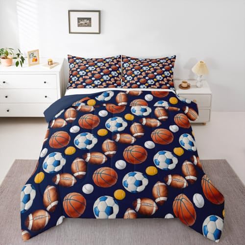 Image of Feelyou Soccer Football Comforter Set Queen Size Basketball Baseball Softball Sport Theme Bedding Set for Kids Boys Girls Navy Blue Duvet Quilt Bedroom Decor Microfiber 3 Pcs with 2 Pillow Cases