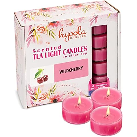 Hyoola Scented Tealight Candles - Clear Cup - Wildcherry Scented Tealights Candles - 6 Hour Burn Time - 15 Pack - European Made Cover