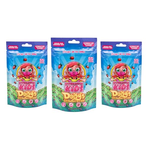 Image of Bubblegum Kids Daisy's Strawberry Field Sugar Free Gum | Strawberry Flavor Sugarless Gum with Xylitol | Low Calorie Candy Alternative for Kids & Adults | Resealable Bag, 55 Pieces Per Pack, 3 Pack