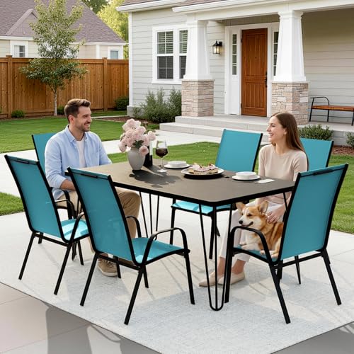 Image of JEAREY Patio Dining Chairs Set of 6, Outdoor Stackable Dining Furniture Set, All Weather Dining Set for Lawn, Garden, Backyard, Poolside, Peacock Blue