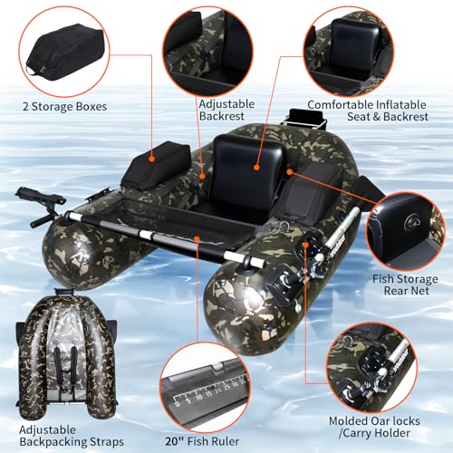 Fishing Float Tube, Belly Boat Fishing with Pump, Fish Ruler, Adjustable Straps, Storage Pockets, 2 Oars, 2 Rod Holders, Motor Bracket Inflatable Float Tube for 330 LBS Load Capacity - Image 4