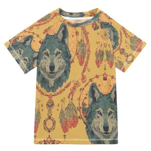 Boys Short Sleeve T-Shirts Ethnic Wolves Dream Catcher Rashguard Kids Swim Shirts Sun UPF 50+