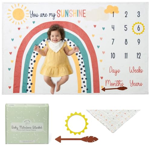 Image of Bliss n' Baby Monthly Milestone Blanket for Baby Girl - 60"x40" - Wrinkle Free Newborn Age Month Blanket with Growth Chart - Washable & Dryable - w/Frames & Cotton Bib - Boho Theme