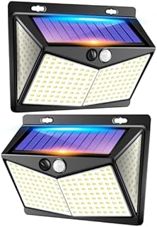 Lampy solarne na zewnątrz, 208 diod LED + 3 tryby, wodoszczelność IP65, solarne światła bezpieczeństwa, czujnik ruchu, szerszy kąt 280° + współczynnik konwersji energii 21% solarne lampy ogrodzeniowe,