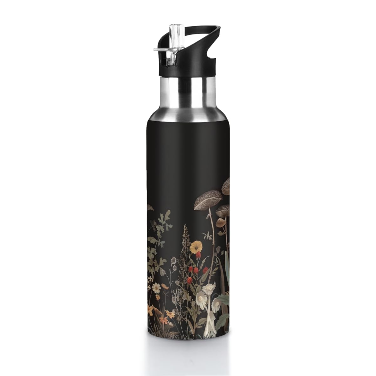 VQUVQV Insulated Water Bottles with Straw Lid, Dark Forest Mushroom Floral Art Stainless Steel Drinks Bottle Leakproof Vacuum Flask for Running, Sports, Gym, Travel, 600ml