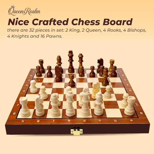Image of QueensRealm 10 Inch Chess Board Set Wooden Handmade Magnetic Foldable Chessboard for Kids & Adults, Compact & Portable Travel Chess with Inbuilt Storage 2 Players Board Game(10 Inch x 10 Inch- Wooden)