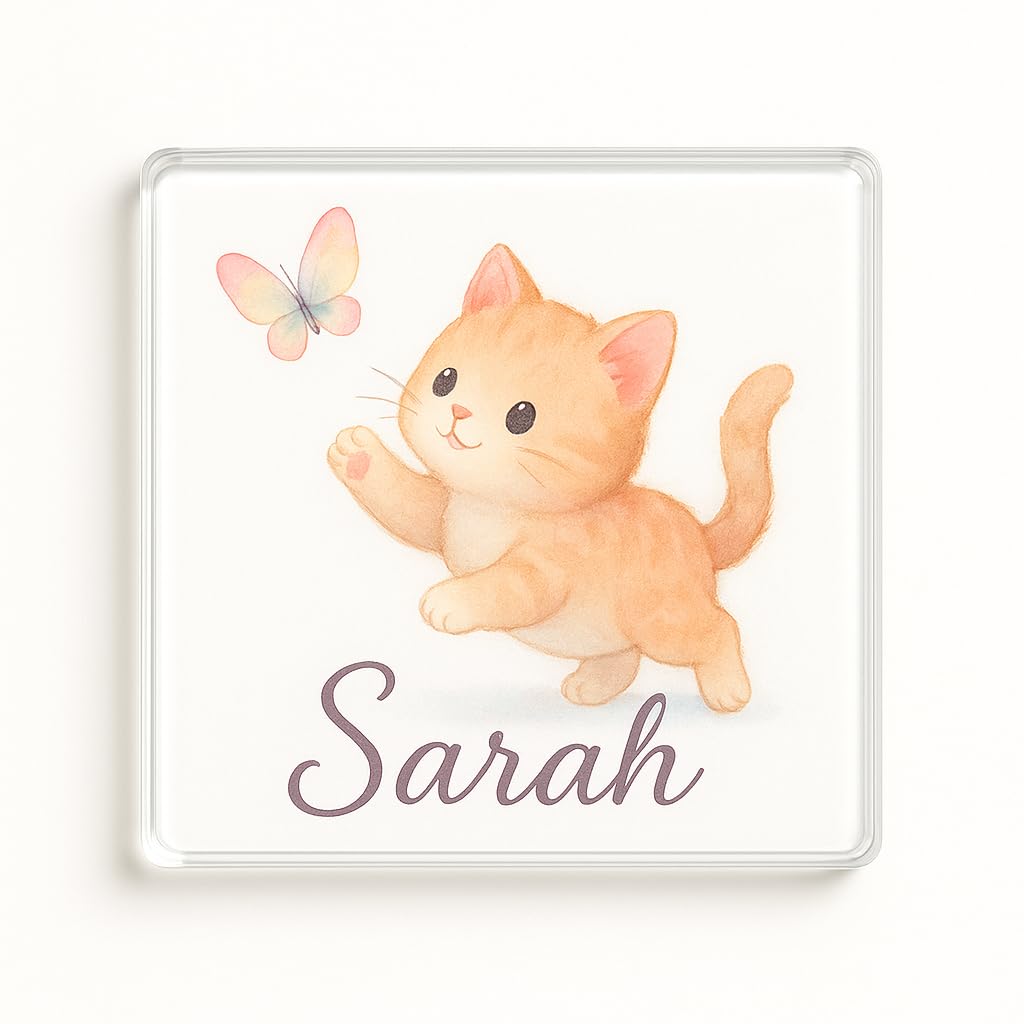 The Plum Penguin Whimsy Pursuit Personalised Name Acrylic Coaster Gift With Whimsical Kitten Design - Dreamy Pastel Watercolor Art Kids Party Favor, Home Decor Delight