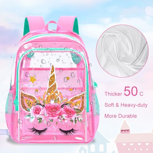 Image of WZLVO Kids Clear Backpack for Girls, 16 inch Heavy Duty PVC Transparent Bookbag with Frame Reflective Strip, Cute See Through School Bags for Elementary Preschool - Unicorn Pink