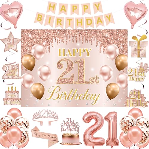 Happy 21st Birthday Decorations For Her Pink Rose Gold 21st Birthday Gifts For Her 21st Birthday Sash Crown Cake Topper Number Balloons Banner Backdrop Hanging Swirls Birthday Party Supplies