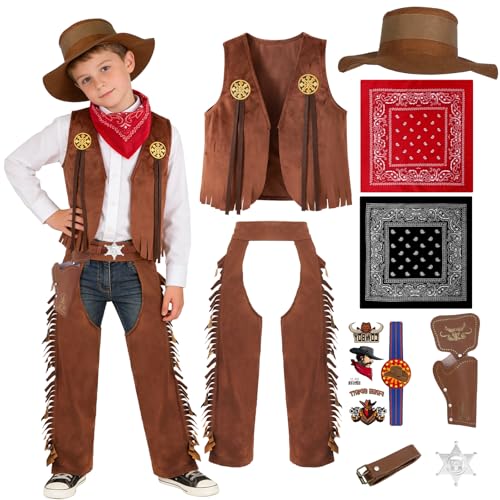 Kitimi Lot de 9 costumes de cowboy pour enfant - Tenue de cowboy occidental avec gilet, chapeau, pantalon, foulard, tatouage, costume western pour Halloween, carnaval,...