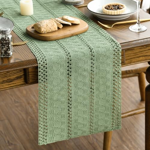 Artoid Mode Light Green Farmhouse Woven Rustic Bohemian Table Runner 30x143 cm Hollow Seasonal Holiday Kitchen Dining Table Decoration for Home Party