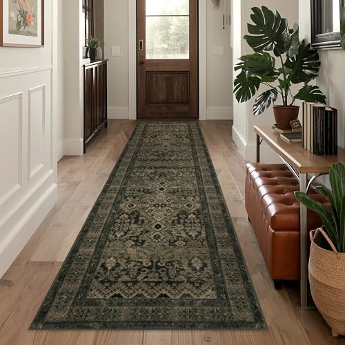 Dark Green Runner Rug: 2x6 Washable Rug for Hallway Kitchen Entryway Indoor - Vintage Long Soft Non-Slip Thin