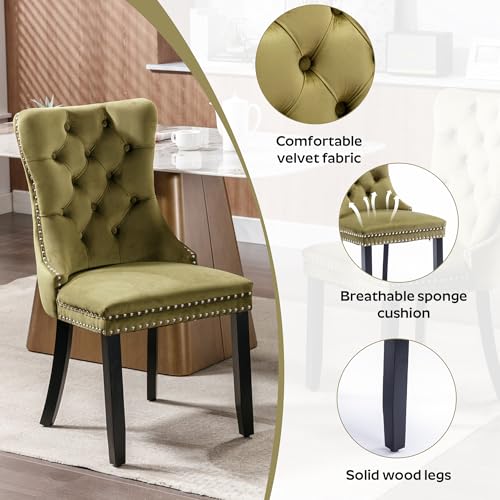 Image of 7-Piece Dining Table Set with 47In Tempered Glass Table and 6 Velvet Upholstered Chairs, Modern Scandinavian Furniture for Dining Room Kitchen(Olive Green)