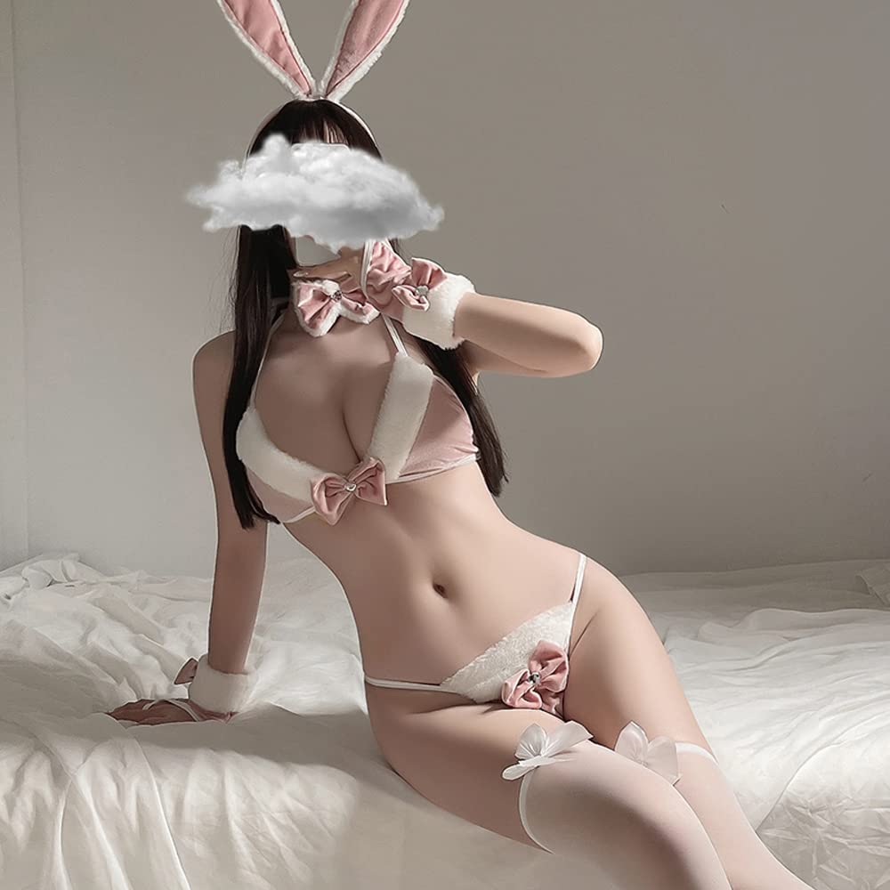 SINROYEE Japanese Lolita Underwear Sexy Bunny Cosplay Lingerie Costume Set Micro Bikini Furry Bra and Panty Kawaii Anime: Pink#2