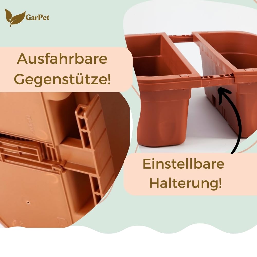 GarPet 4er Set Blumenkasten Balkongeländer Beidseitig Balkon Blumenkasten Doppelseitig Balkonkasten mit Halterung Geländerkasten mit Wasserspeicher Teracotta 50 cm