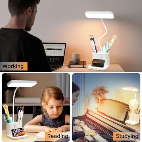 Image of Amazon Brand - Umi Desk Lamp | Touch Sensor On /Off, USB Rechargeable 1200mAh Battery, 3-Level Brightness, Pen & Phone Holder, Up to 3 Hours Use, Adjustable LED Desk Lamp for Home, Office