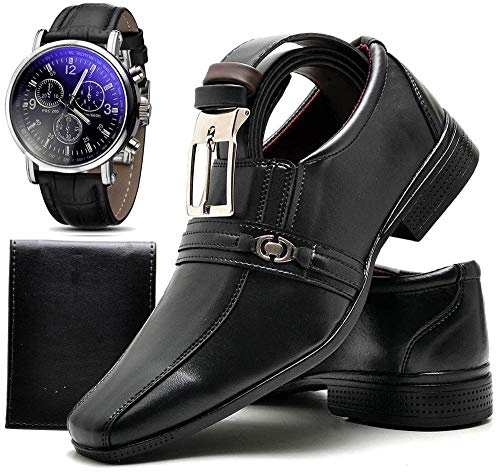 Kit Sapato Social Com Relógio Cinto Carteira Masculino Top Flex 806DB Tamanho:42;cor:Preto;gênero:Ma