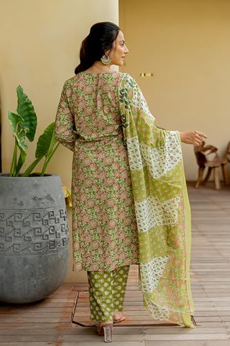 Image of MIRCHI FASHION Women's Straight Fit Pure Cotton Embellished Floral Printed Kurta Set with Dupatta and Trouser