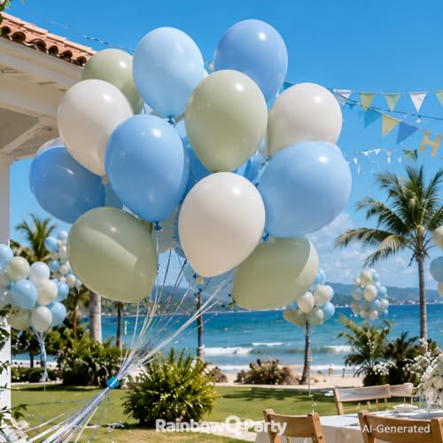 Image of RainbowQ Sage Green and Blue Balloons: 67PCS 12 inch Light Blue Green Sand White Latex Helium Dusty Balloons Set for Anniversary Boho Wedding Birthday Party Decorations