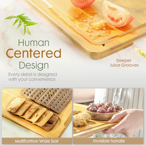 Image of Astercook Nature Bamboo Cutting Boards for Kitchen with Wood Storage Stand, Reversible Charcuterie & Chopping Boards with Juice Grooves and Easy-Grip Handles