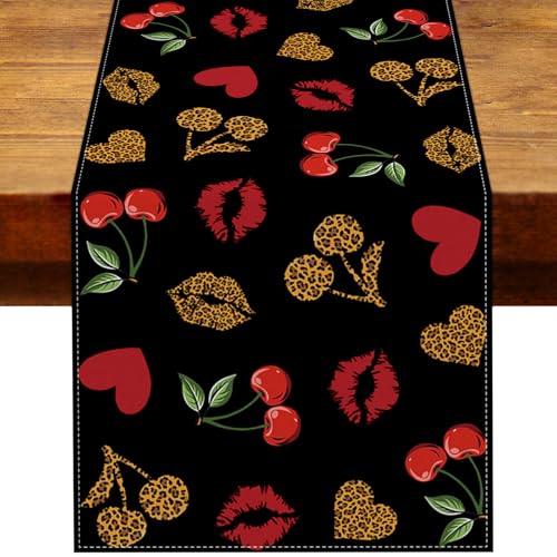 Heyfary Cheetah and Cherry Birthday Party Decorations Red Leopard Print Table Runner Lips Girly Glam Home Kitchen Table Decor