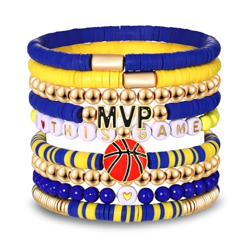 9 Pack Basketball Bracelets Stack Basketball Friendship Bracelets Heishi Beaded Stretch Bracelets Basketball Game Day MVP Sports Fan Bracelets Jewelry Gifts