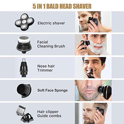 Electric Shaver for Men Grooming Kit, Cosyonall 5 in 1 Electric Razor Cordless Waterproof Wet Dry Rotary Bald Head Shaver Nose Trimmer Facial Cleansing Brush, USB Rechargeable with LED Display - Thumbnail 2
