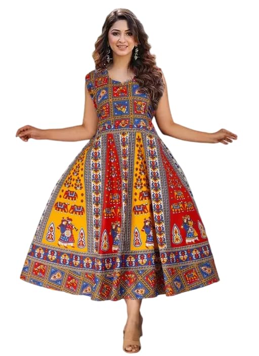 Women’s Sleeveless Cotton Traditional Motifs Printed Umbrella Cut Flared Maxi Dress-picture-41