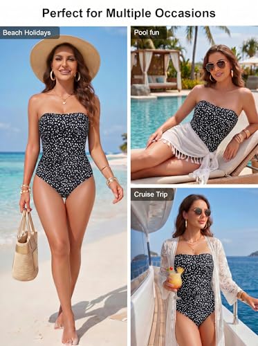 Image of Smismivo Tummy Control Swimwear Strapless One Piece Swimsuit Ruched Bathing Suits for Women Slimming Bandeau Tube Top Bikini