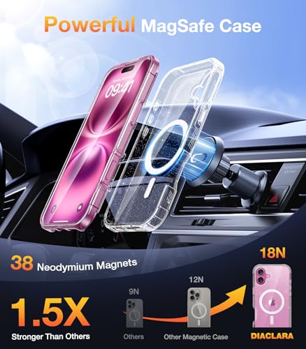 Image of Diaclara Magnetic Designed for iPhone 16 Plus Phone Case,[Full Camera Protection] 360 Clear Bumper Compatible with MagSafe Built-in Screen Protector for 16 Plus,Magnetic Clear Glitter