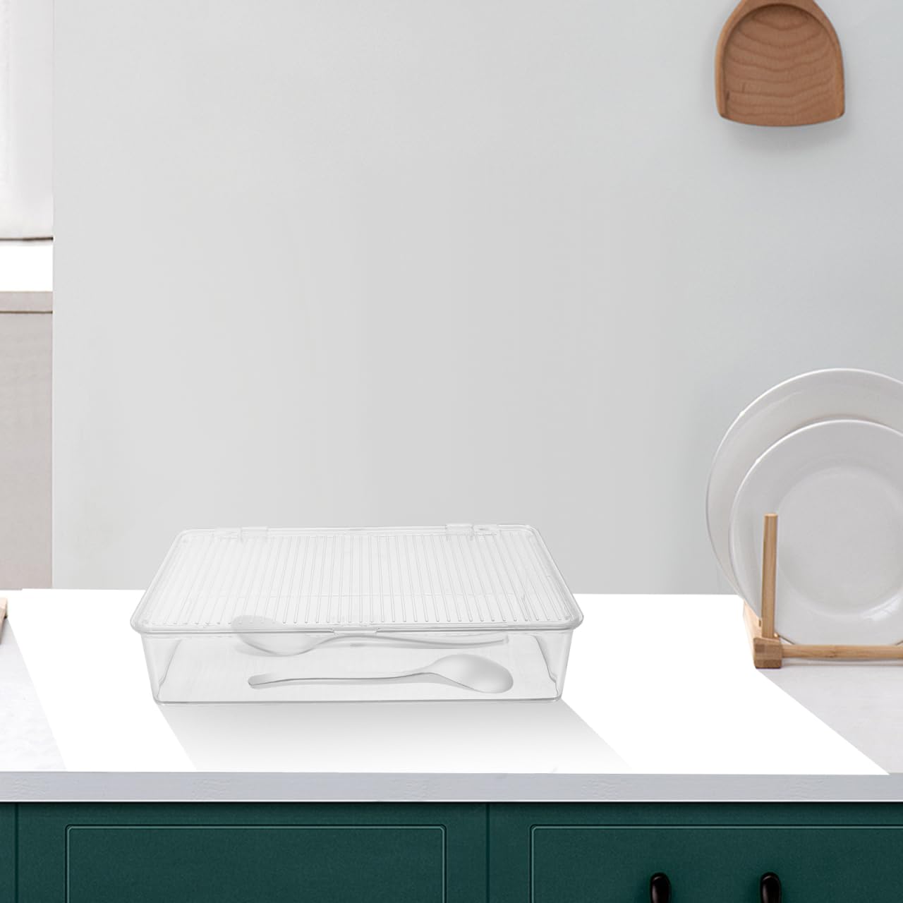 HOMSFOU Bandeja de cubiertos con tapa, organizador de cajones de cocina de plástico transparente, cesta de cubiertos, soporte de utensilios, contenedor de almacenamiento para palillos, cucharas,