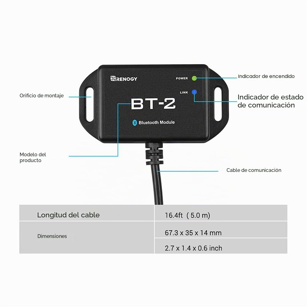 Renogy Módulo Bluetooth BT-2 con Puerto de Comunicación RJ45 Compatible con Cargador de Batería, Inversor, Batería de litio BT-2 RS485