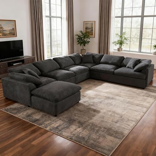 Tmsan 129.3" Oversized Modular Sectional Sofa, U Shaped Couch with Movable Ottoman, Large 7 Seater Corner Sofa for Living Room, Office, Spacious Space, Grey
