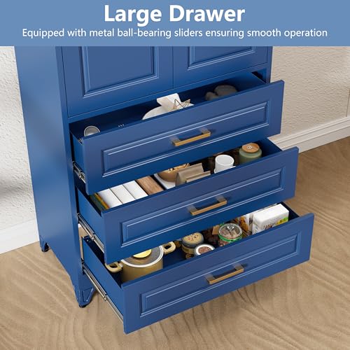 Image of Polup Metal Storage Cabinet,75 inch Tall Kitchen Pantry Storage Cabinet with Doors and Adjustable Shelves, Blue Metal Pantry Cabinets with 3 Drawers, Large Cupboard for Dining Living Room, Bathroom
