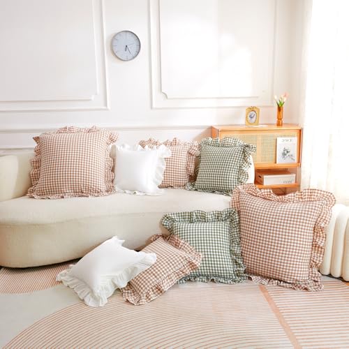 2 Pack Taupe Plaid Pillow Covers 18x18 inches, 2 Pack 100% Washed Cotton Gingham Throw Pillow, Vintage Checkered Ruffle Pillow Shams Pillow Cases for Sofa, Bed, Living Room