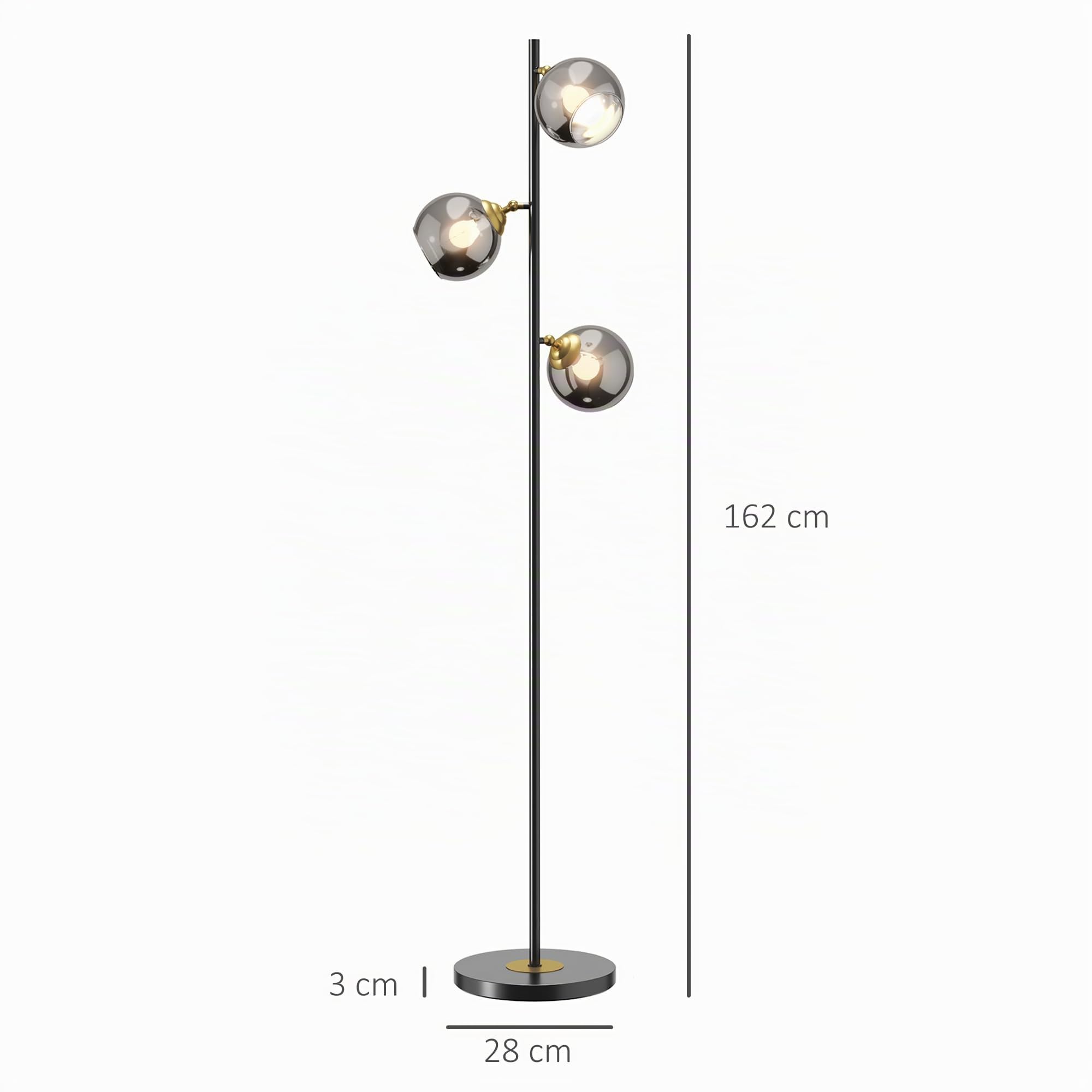 HOMCOM Lampadaire sur pied salon en Métal 40W Ø 36 x 162H cm Noir et Gris