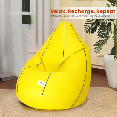 Image of Sattva Classic Piping XXXL Bean Bag with Pocket Filled with Beans | Faux Leather Teardrop Bean Bag for Adults & Teens | Pre-Filled Comfortable Seating for Home, Bedroom - Yellow with Navy Blue Piping