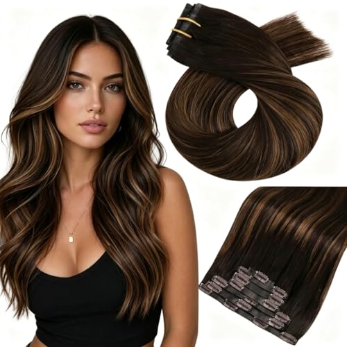 Image of Moresoo Seamless clip in hair extensions, Balayage Brown 14inch, PU Weft | Clip in human hair extensions, ombre dark brown to chestnut brown, 120g 7pcs, for office users daily professional look