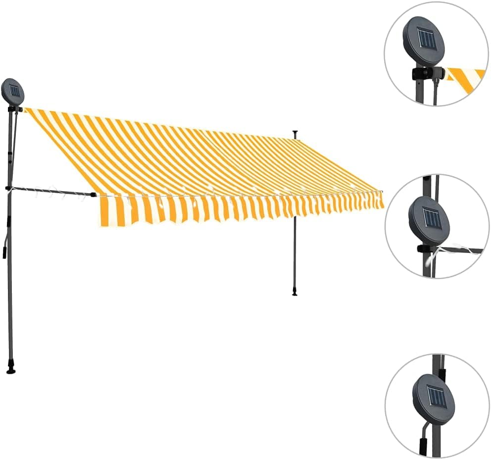 vidaXL Retractable Awning, Manual Retractable Outdoor Patio Awning, Shade Shelter Canopy with LED for Garden Yard Balcony, 137.8" White and Orange