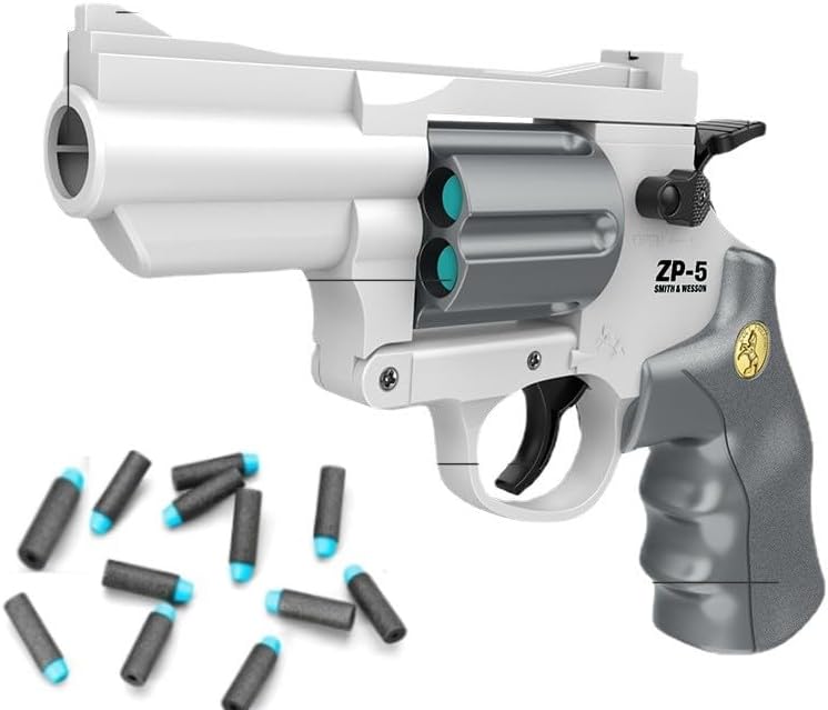 Safe Toy Fake Gun Model Revolver Toy Gun for Boy with Ejecting Shell Soft Bullets,Realistic Toys Foam Blaster Play Gun Toy (white，grey)12bullet