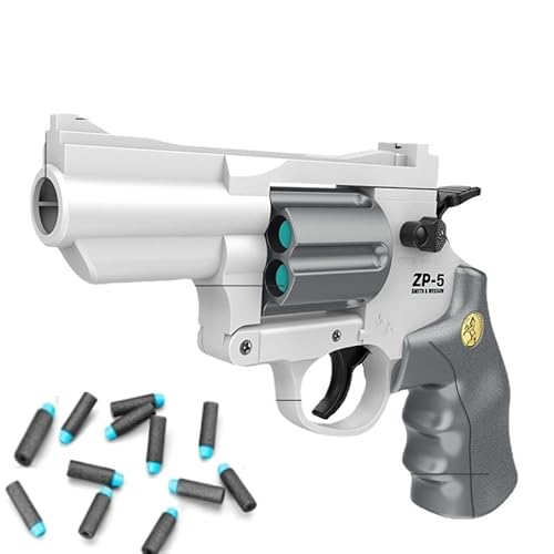 toy Safe Fake Gun Model Revolver Toy Gun for Boy girl with Ejecting Shell Soft Bullets,Realistic Toys Foam Blaster Play (white，grey)12bullet