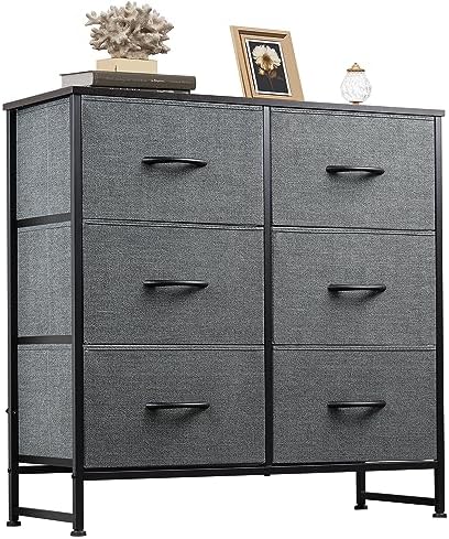 WLIVE Fabric Dresser for Bedroom, 6 Drawer Double Dresser, Storage Tower with Fabric Bins, Chest of Drawers for Closet, Living Room, Hallway, Nursery, Dark Grey