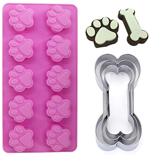4 Packs Silicone Dog Paw Mold And 3 Packs Stainless Steel Bone Cookie Cutter, Sourceton Assorted Sizes Dog Bone Biscuit Cookie For Homemade Treats And Cat Animal Paw Ice Candy Chocolate Baking Mold #TOP1
